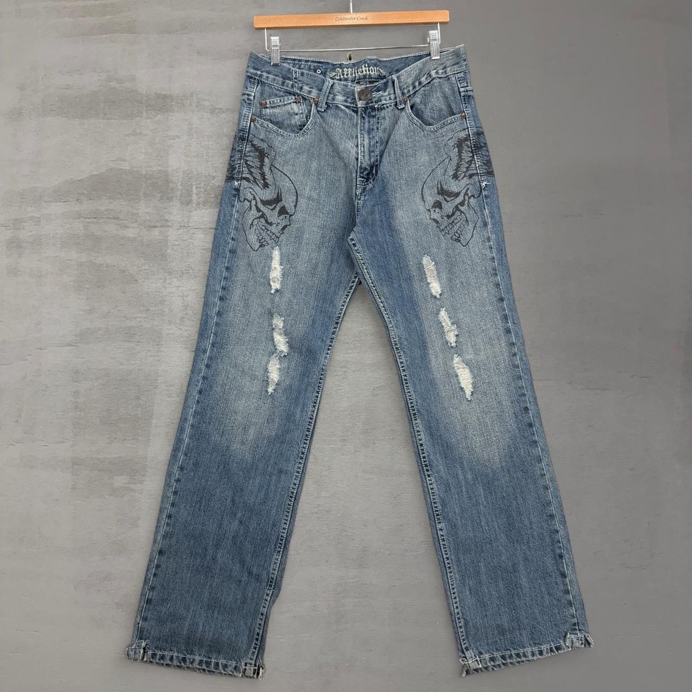 Y2K Affliction Denim Jeans Blue Skull Graphic Distressed Straight Leg 32 x 33